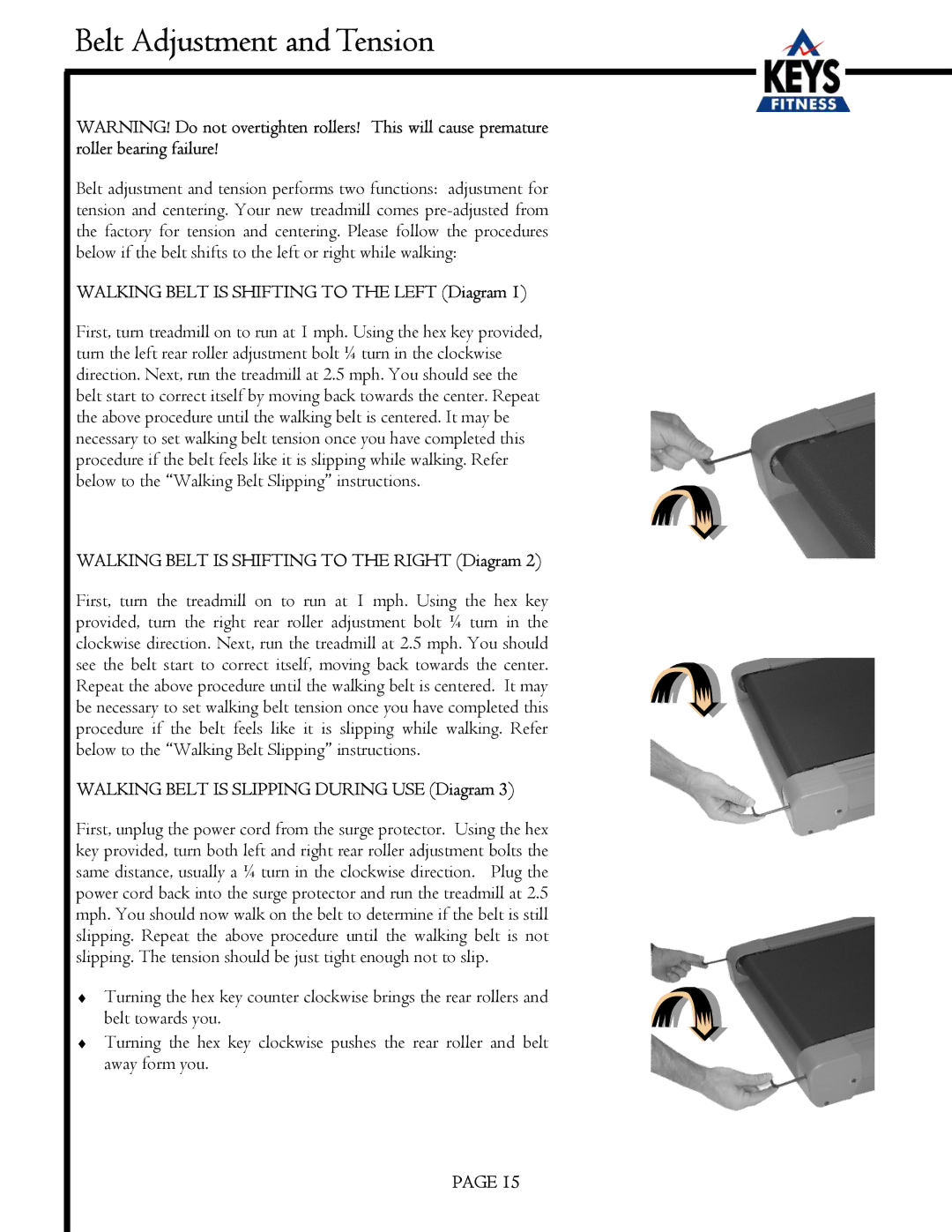 Keys Fitness EC3500HRC owner manual Belt Adjustment and Tension, Walking Belt is Shifting to the Left Diagram 