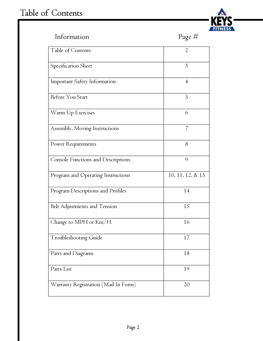 Keys Fitness EC3500HRC owner manual Table of Contents 