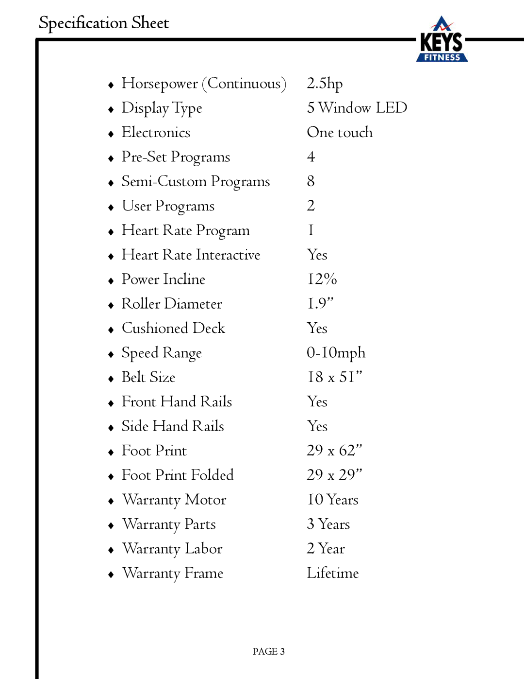 Keys Fitness EC3500HRC owner manual Specification Sheet 