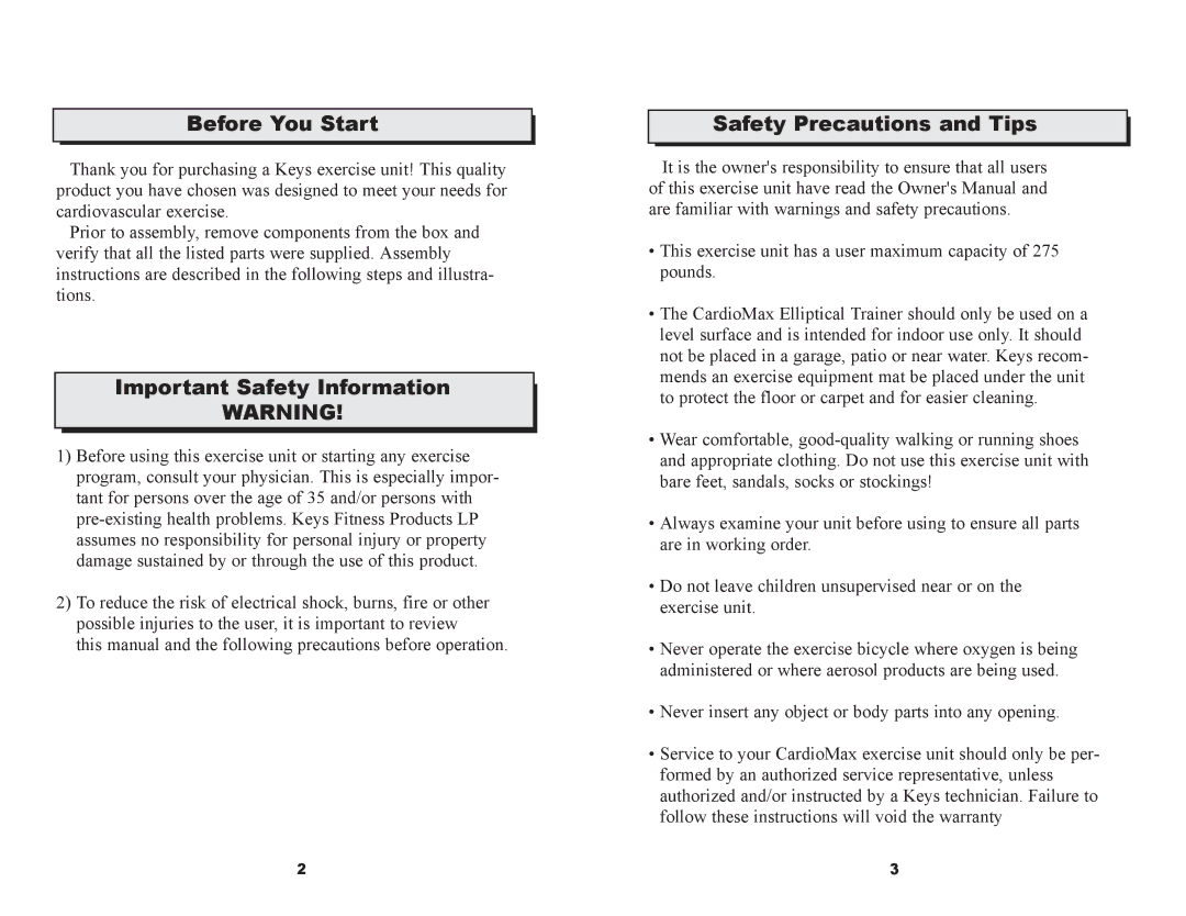 Keys Fitness ET520D owner manual Before You Start, Important Safety Information, Safety Precautions and Tips 