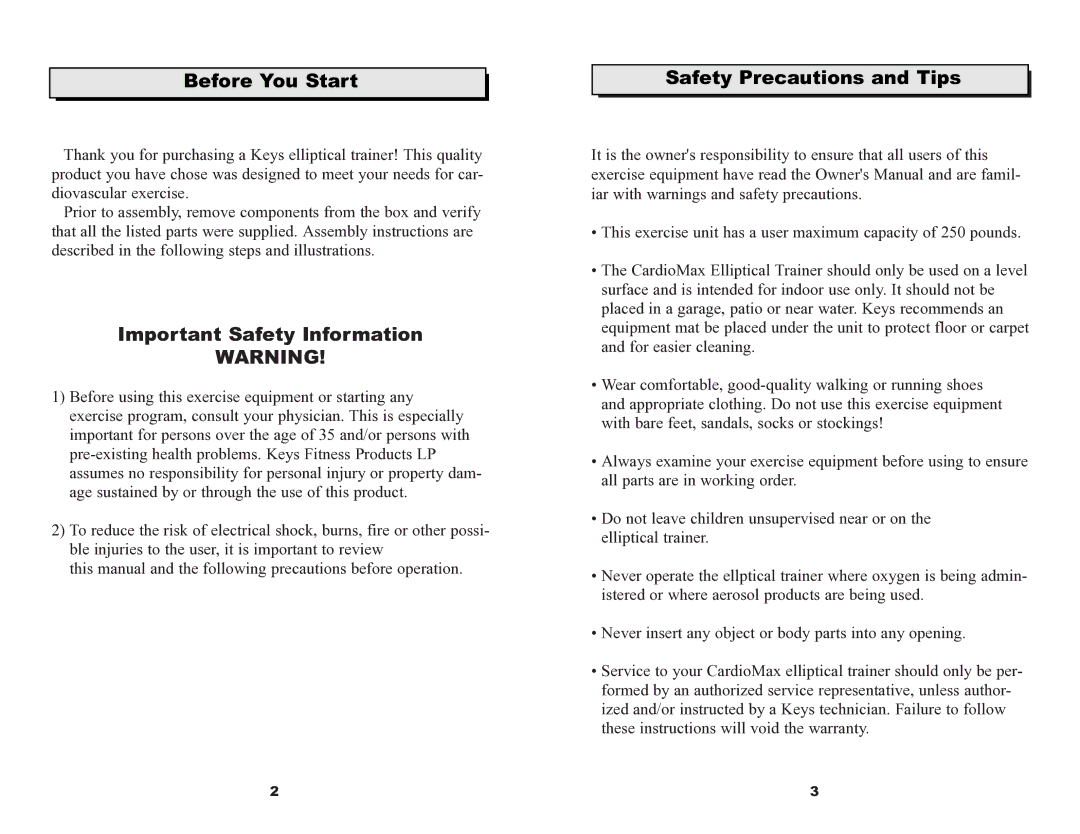 Keys Fitness ET530D owner manual Before You Start, Safety Precautions and Tips 