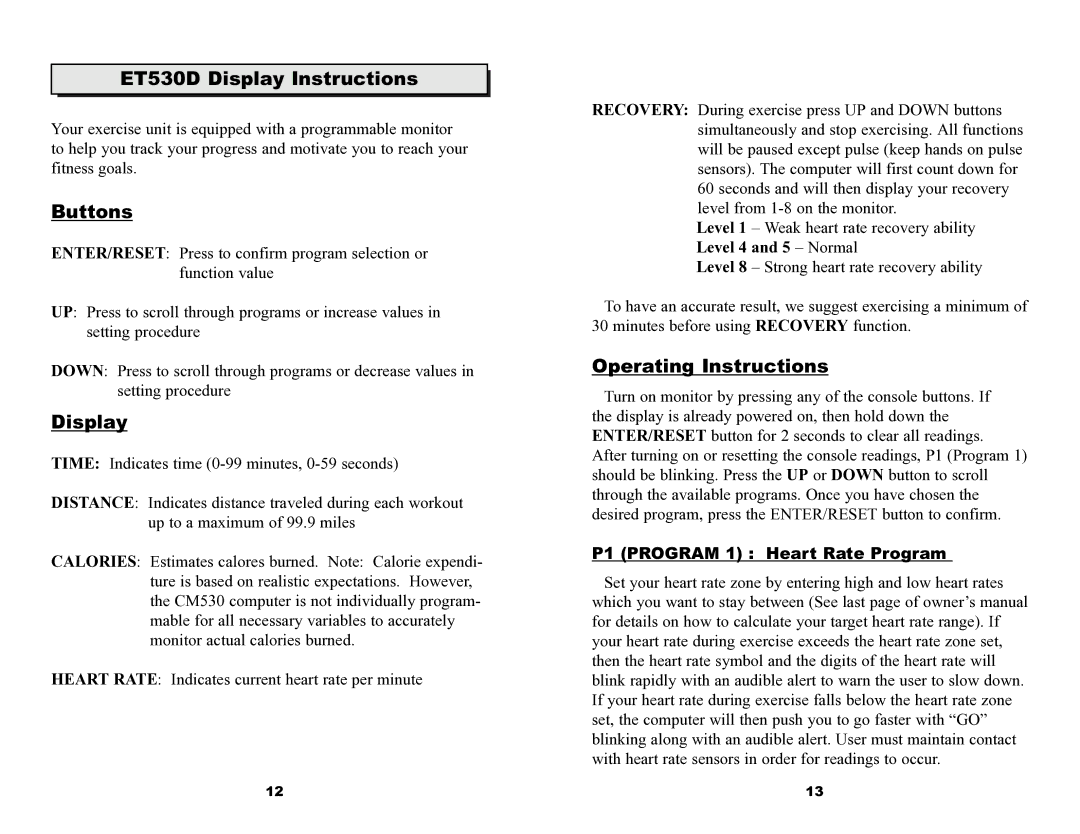 Keys Fitness owner manual ET530D Display Instructions, Buttons, Operating Instructions, P1 Program 1 Heart Rate Program 