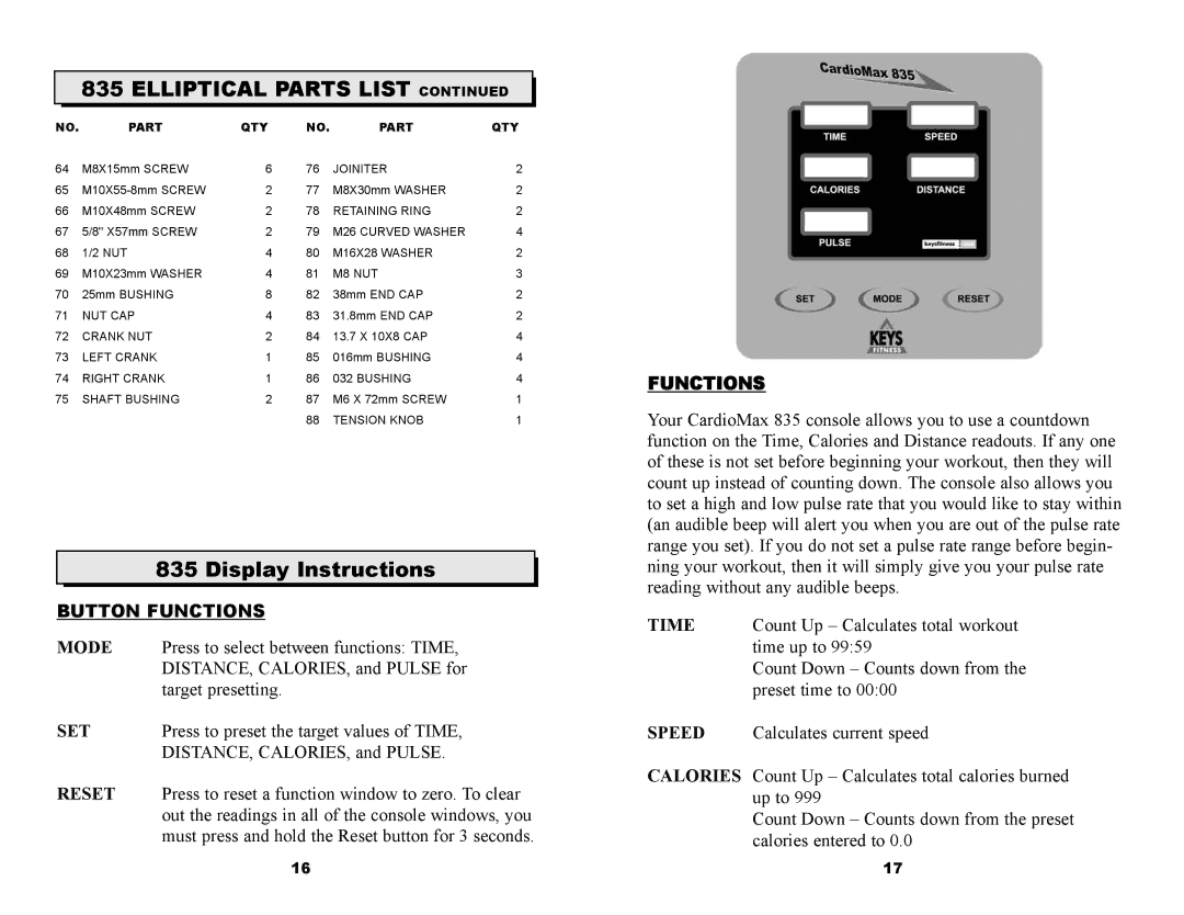 Keys Fitness ET835D owner manual Display Instructions, Part QTY 