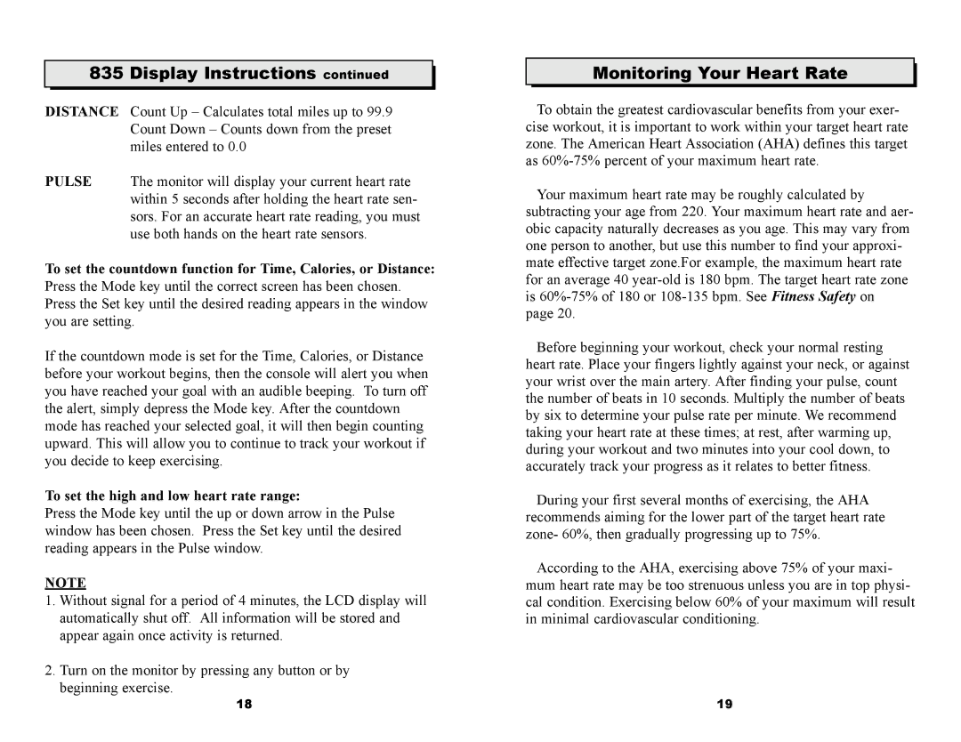 Keys Fitness ET835D owner manual Monitoring Your Heart Rate, To set the high and low heart rate range 