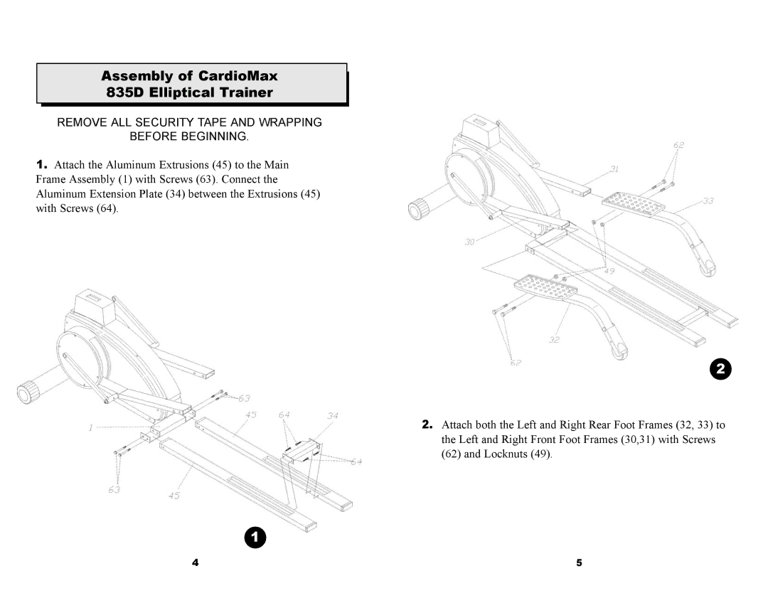 Keys Fitness ET835D Assembly of CardioMax 835D Elliptical Trainer, Remove ALL Security Tape and Wrapping Before Beginning 