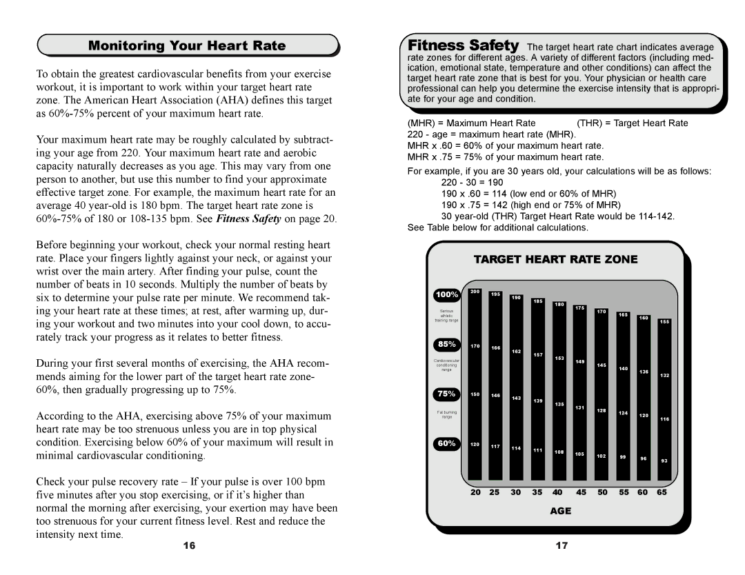 Keys Fitness ET900D owner manual Monitoring Your Heart Rate, Target Heart Rate Zone 