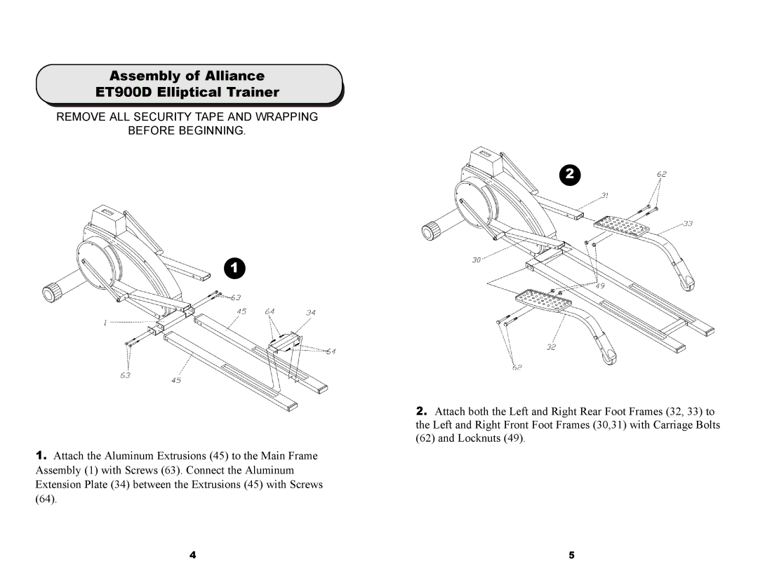 Keys Fitness Assembly of Alliance ET900D Elliptical Trainer, Remove ALL Security Tape and Wrapping Before Beginning 