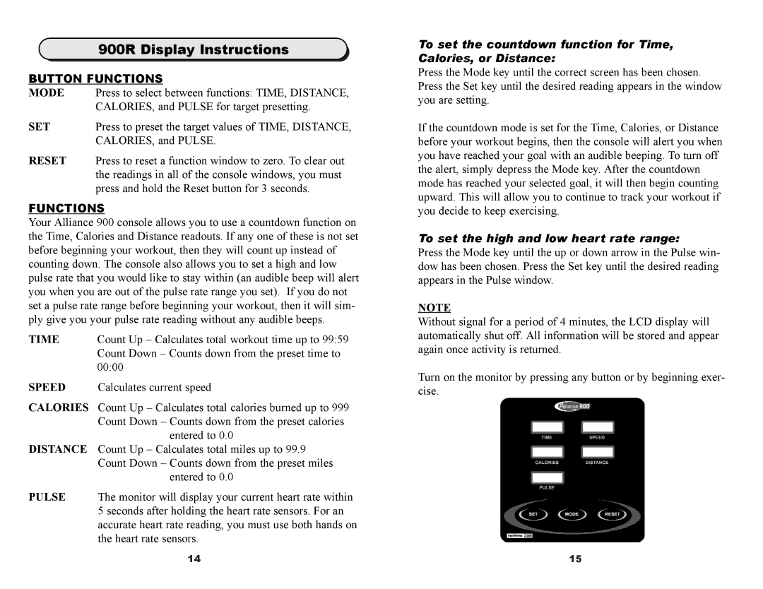 Keys Fitness ET900D owner manual 900R Display Instructions, Button Functions 