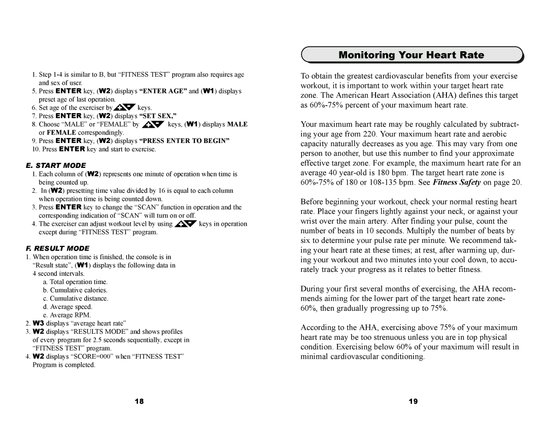 Keys Fitness ET920D owner manual Monitoring Your Heart Rate, Start Mode 