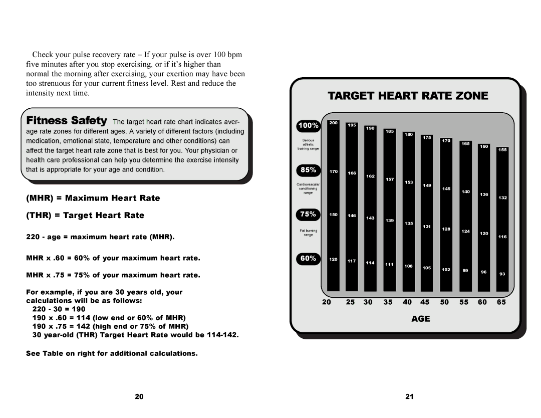 Keys Fitness ET920D owner manual Target Heart Rate Zone, MHR = Maximum Heart Rate THR = Target Heart Rate 