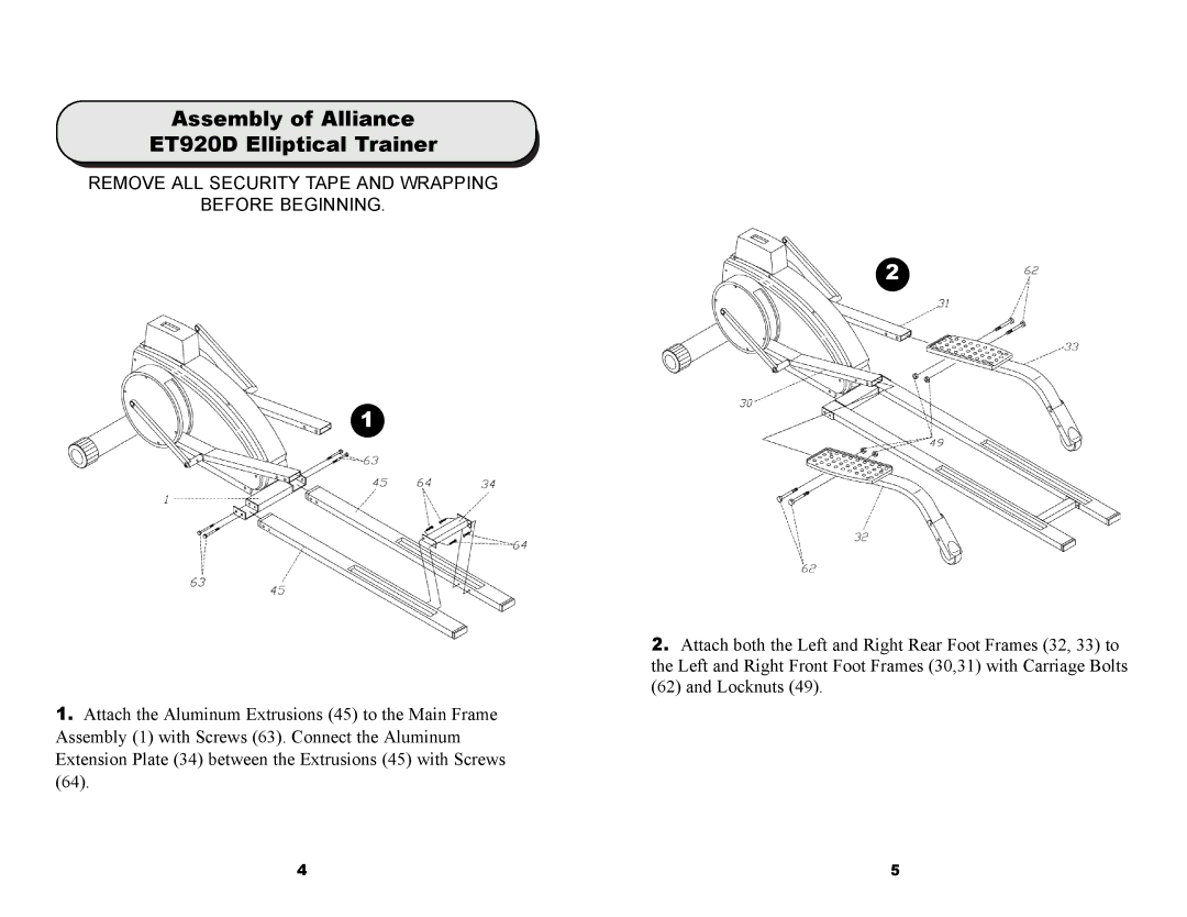 Keys Fitness Assembly of Alliance ET920D Elliptical Trainer, Remove ALL Security Tape and Wrapping Before Beginning 