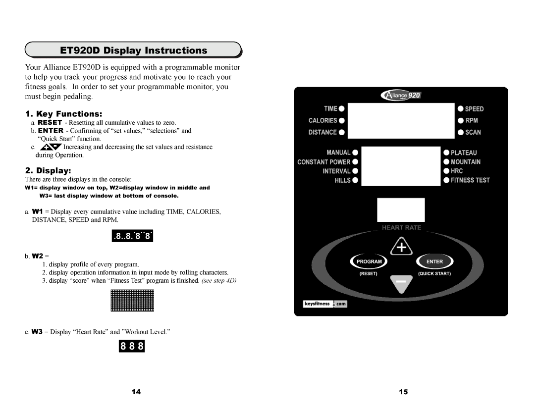 Keys Fitness owner manual ET920D Display Instructions, Key Functions 