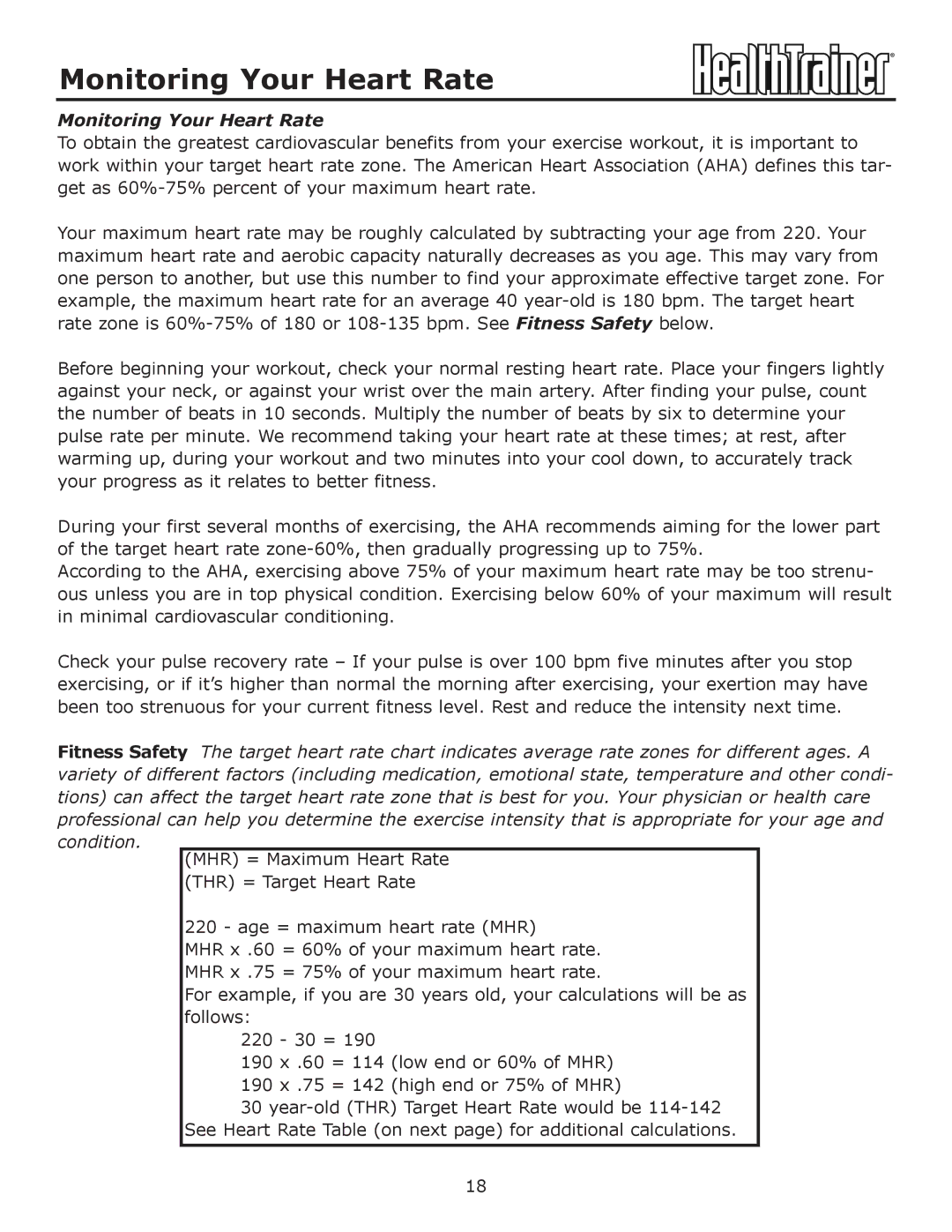 Keys Fitness HT-740T owner manual Monitoring Your Heart Rate 