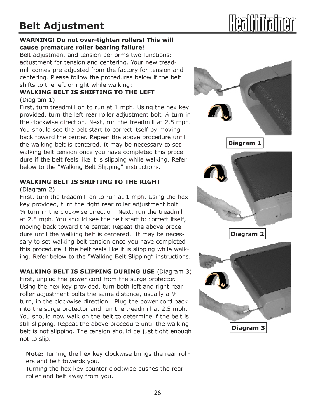 Keys Fitness HT-740T owner manual Belt Adjustment, Walking Belt is Shifting to the Left Diagram 