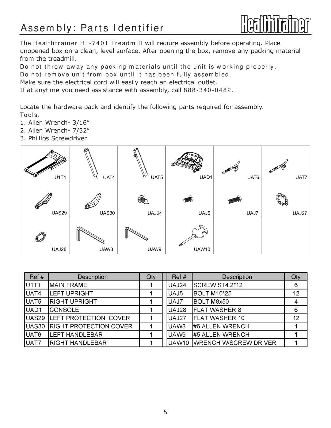 Keys Fitness HT-740T owner manual Assembly Parts Identifier, Tools 