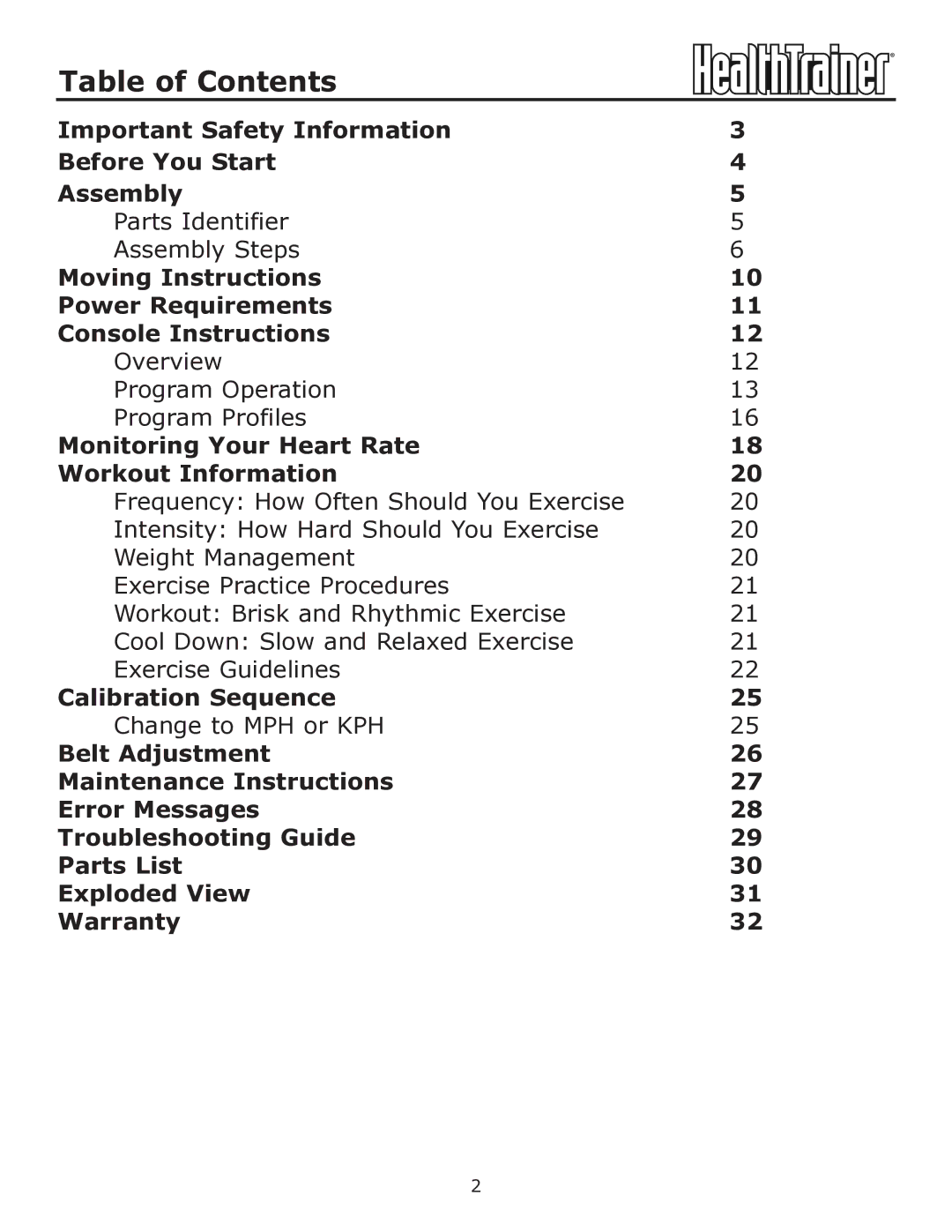 Keys Fitness HT-760T owner manual Table of Contents 