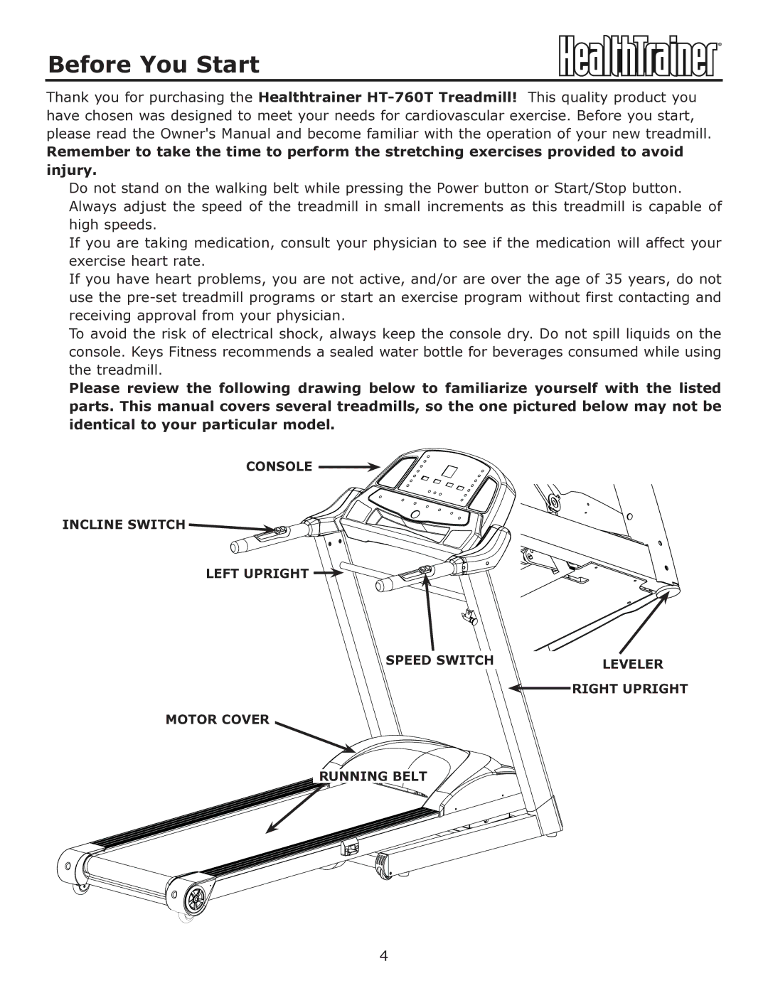 Keys Fitness HT-760T owner manual Before You Start 