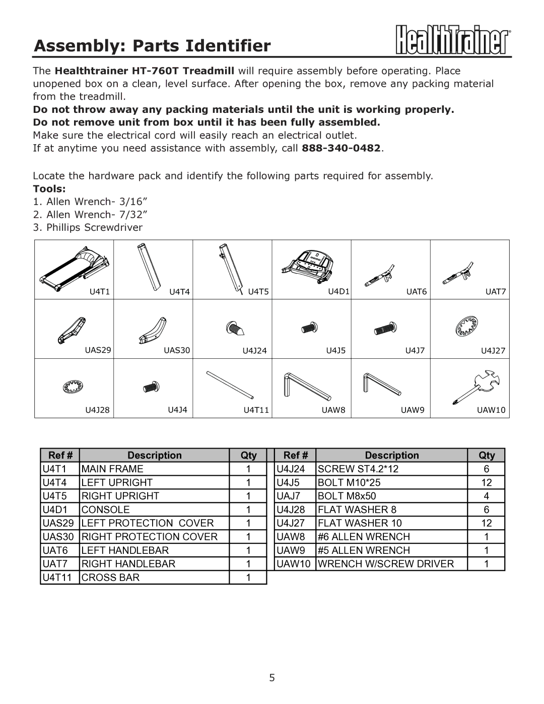 Keys Fitness HT-760T owner manual Assembly Parts Identifier, Tools 