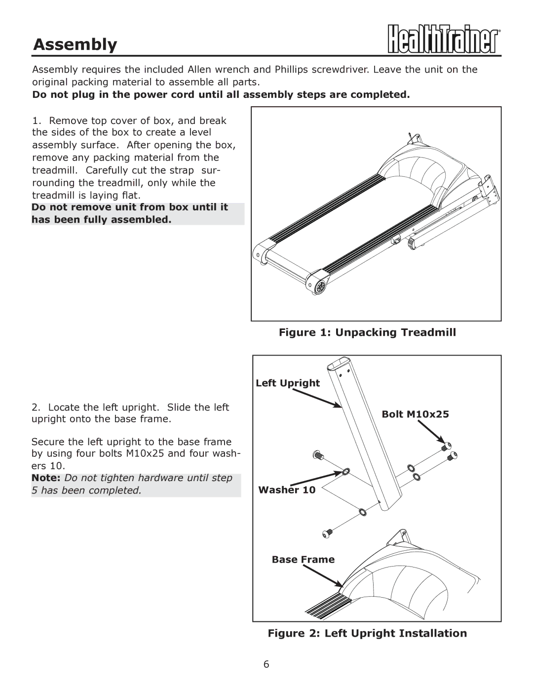 Keys Fitness HT-760T owner manual Assembly, Left Upright Bolt M10x25 Washer Base Frame 