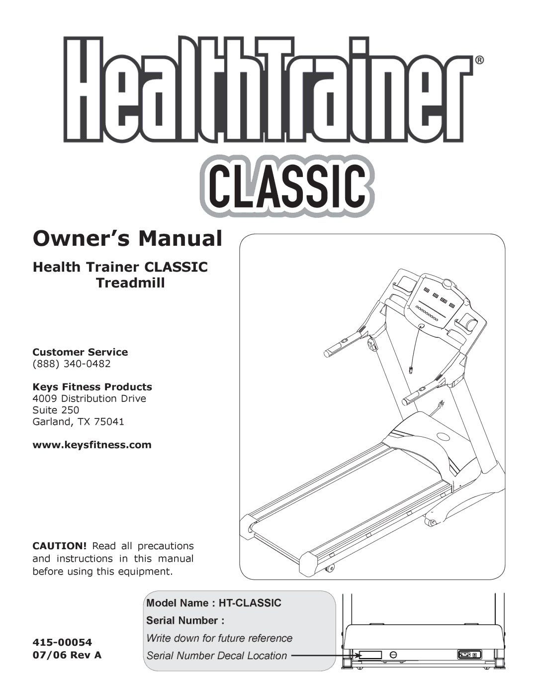 Keys Fitness HT-CLASSIC owner manual Health Trainer Classic Treadmill 