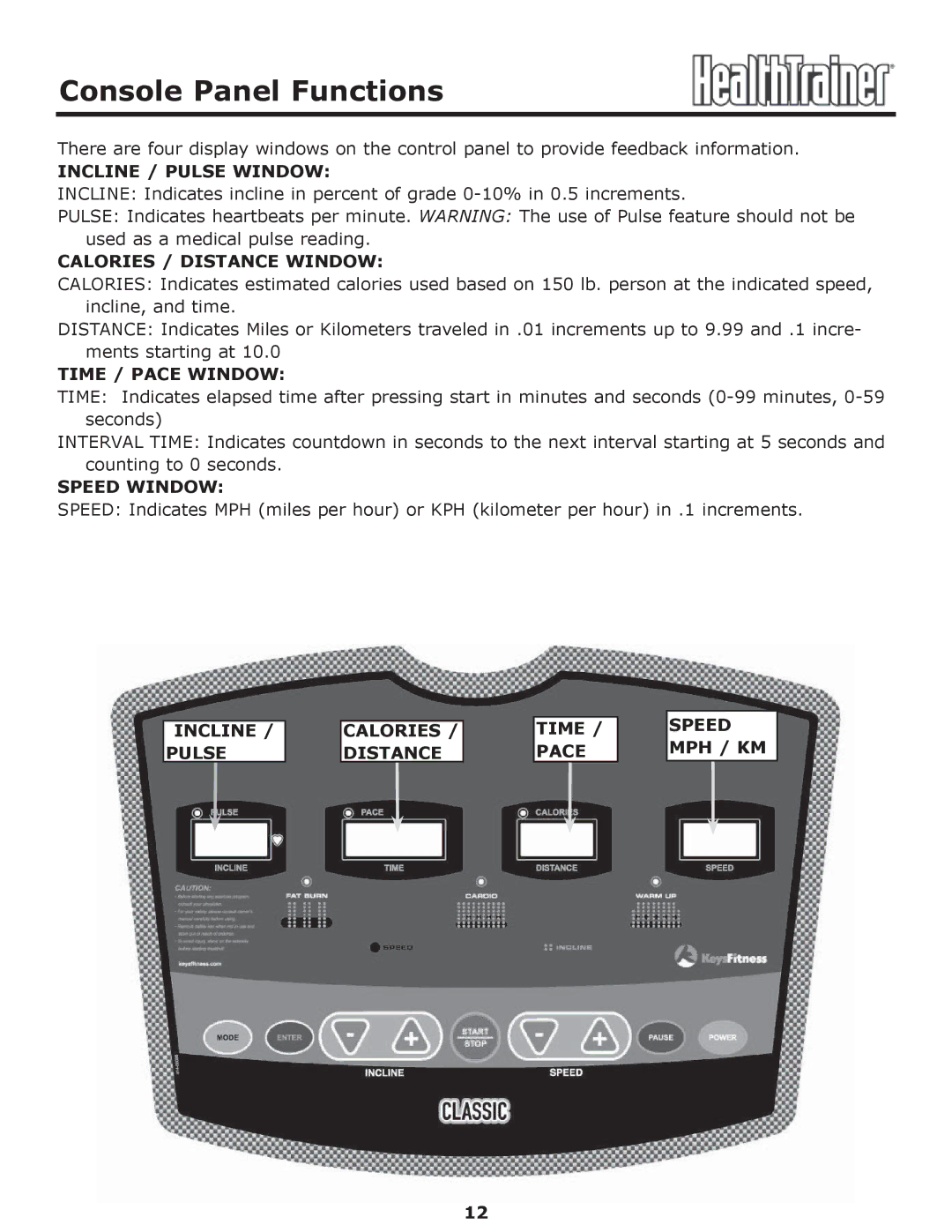 Keys Fitness HT-CLASSIC Console Panel Functions, Incline / Pulse Window, Calories / Distance Window, Time / Pace Window 