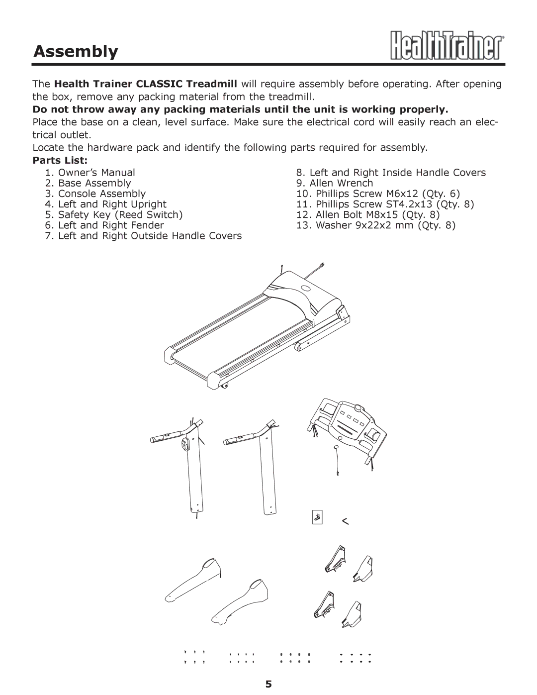 Keys Fitness HT-CLASSIC owner manual Assembly, Parts List 