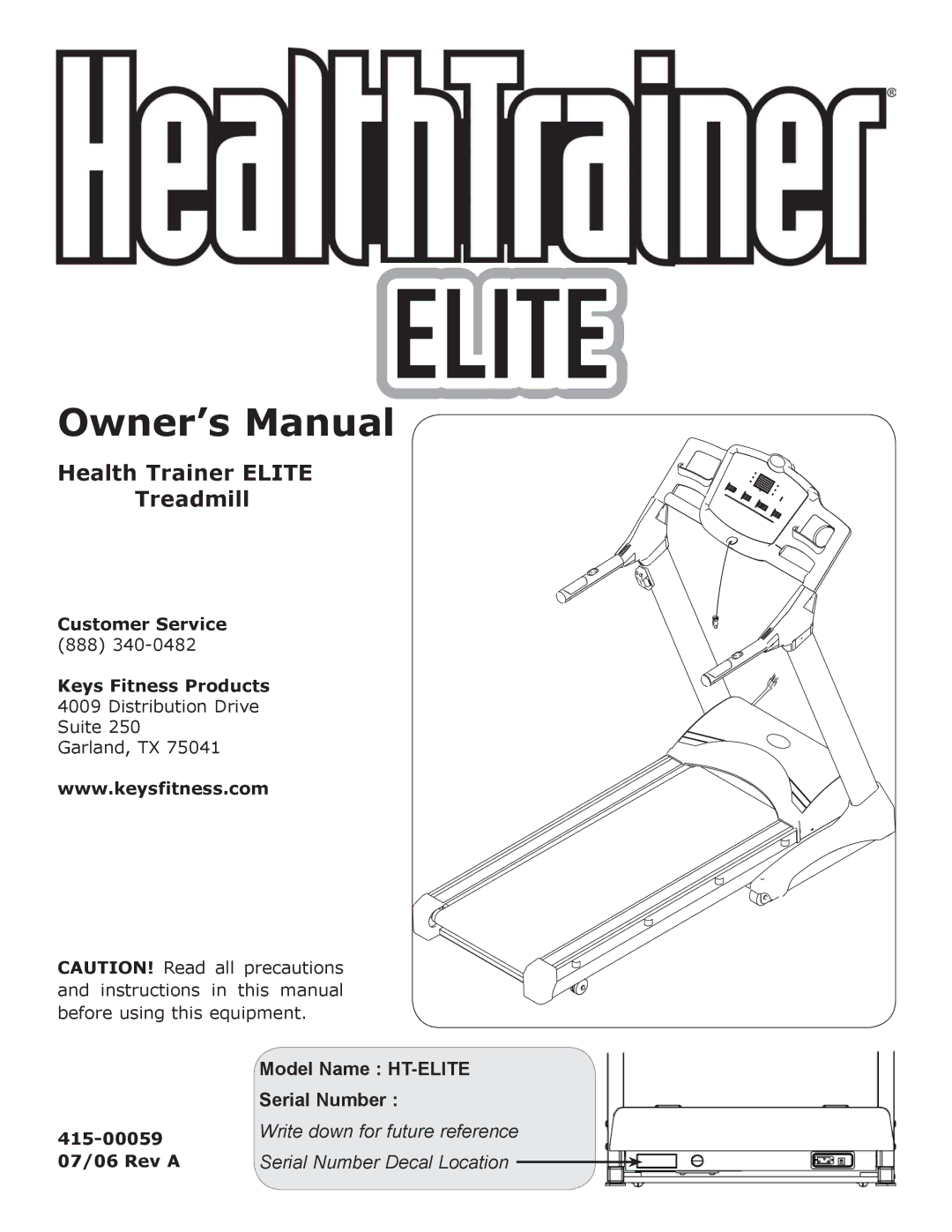 Keys Fitness HT-ELITE owner manual Health Trainer Elite Treadmill 