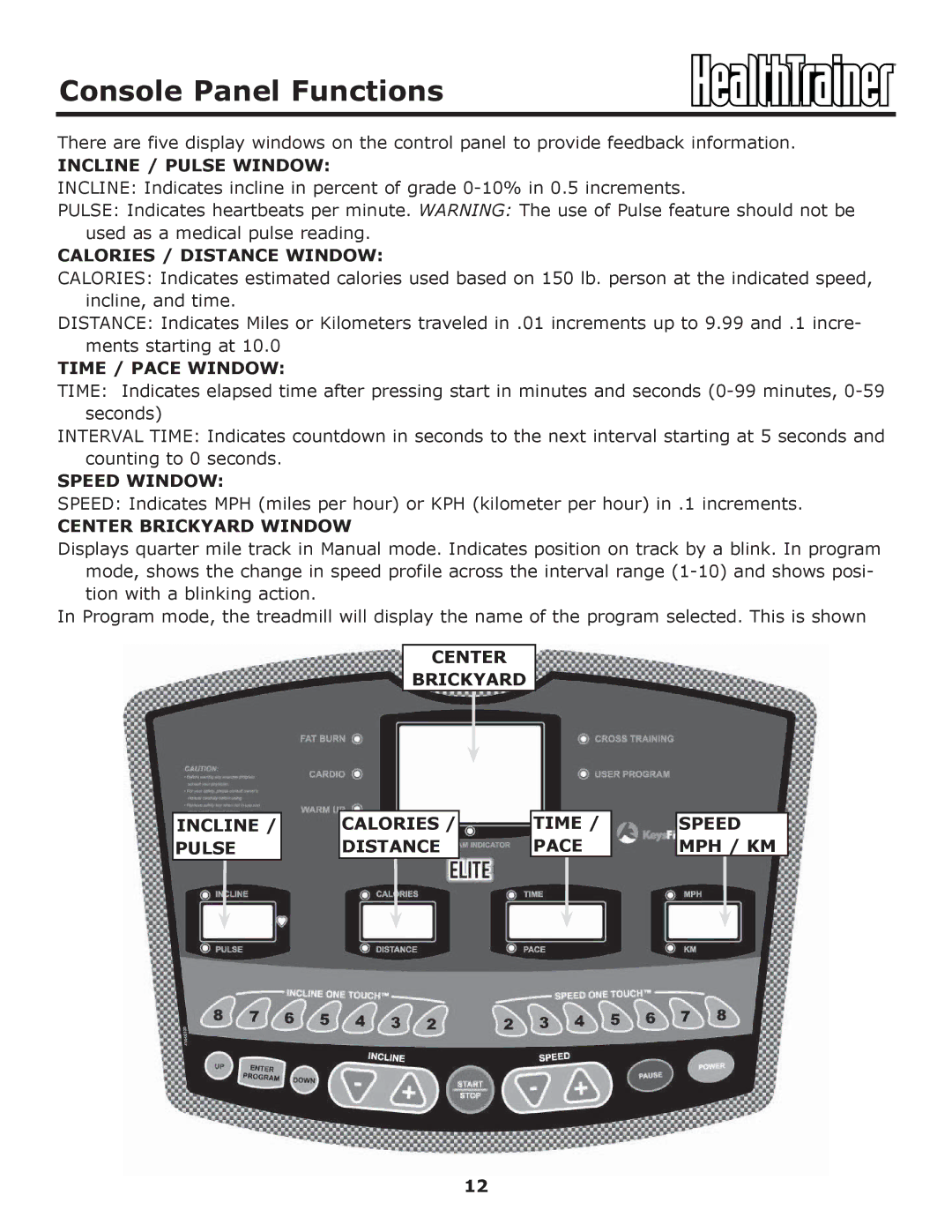 Keys Fitness HT-ELITE owner manual Console Panel Functions 