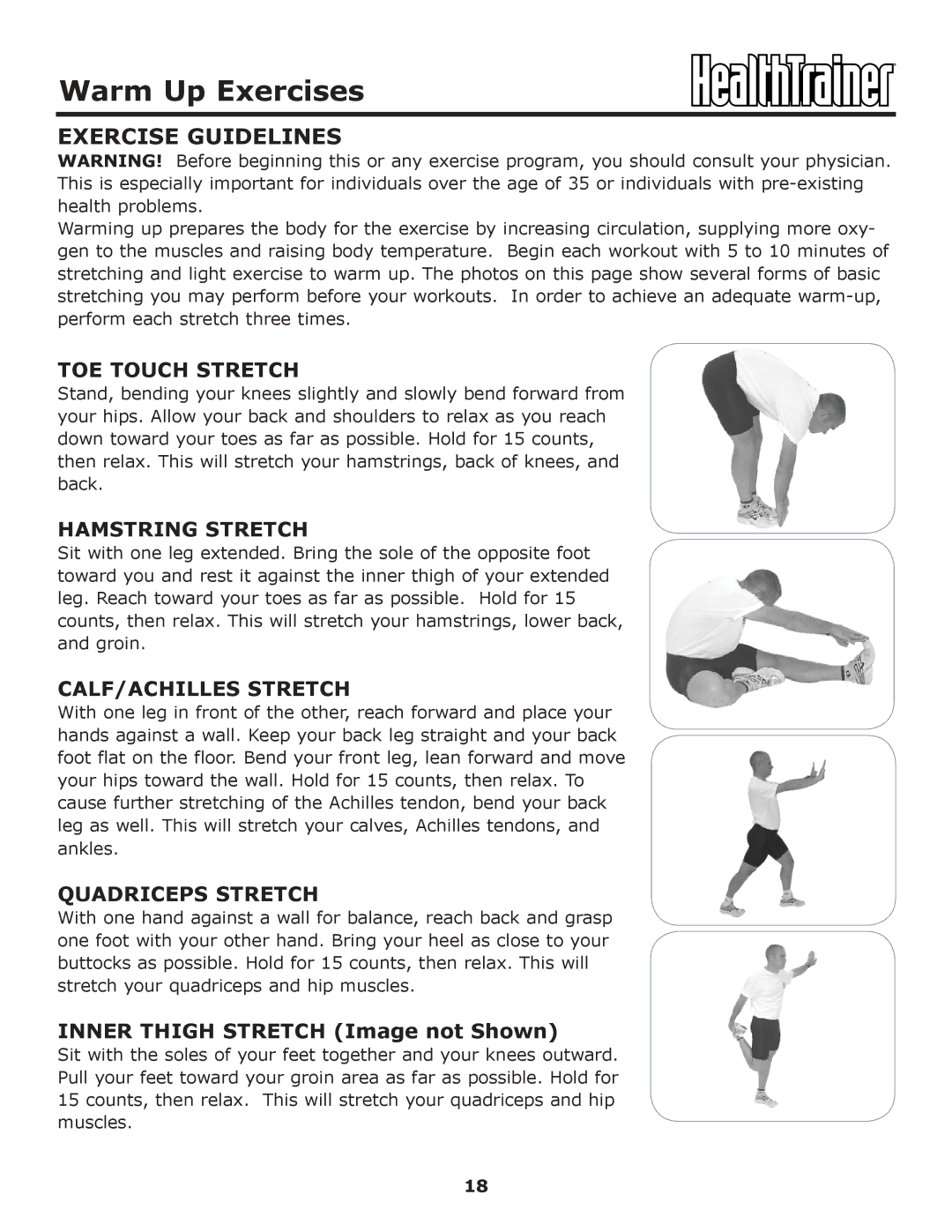 Keys Fitness HT-ELITE owner manual Warm Up Exercises, Exercise Guidelines 