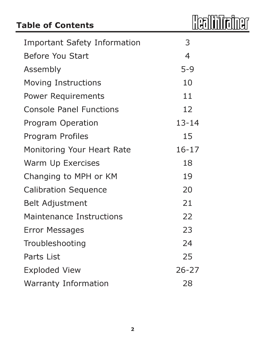 Keys Fitness HT-ELITE owner manual Table of Contents 