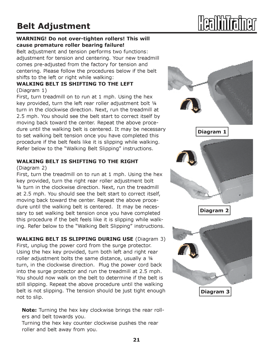 Keys Fitness HT-ELITE owner manual Belt Adjustment, Walking Belt is Shifting to the Left Diagram 