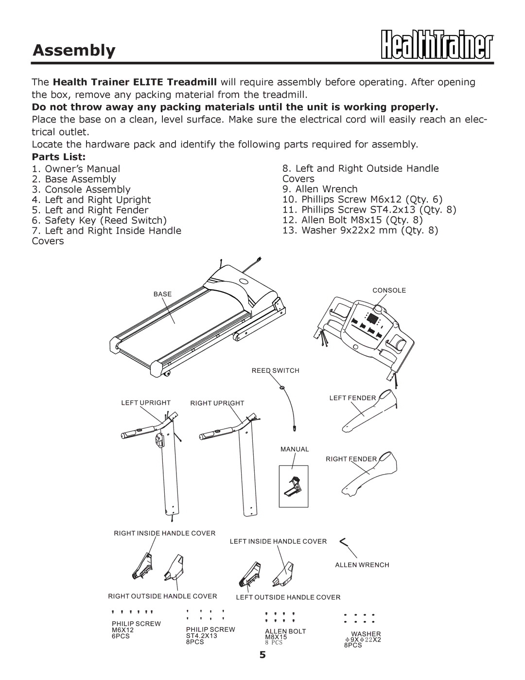 Keys Fitness HT-ELITE owner manual Assembly, Parts List 