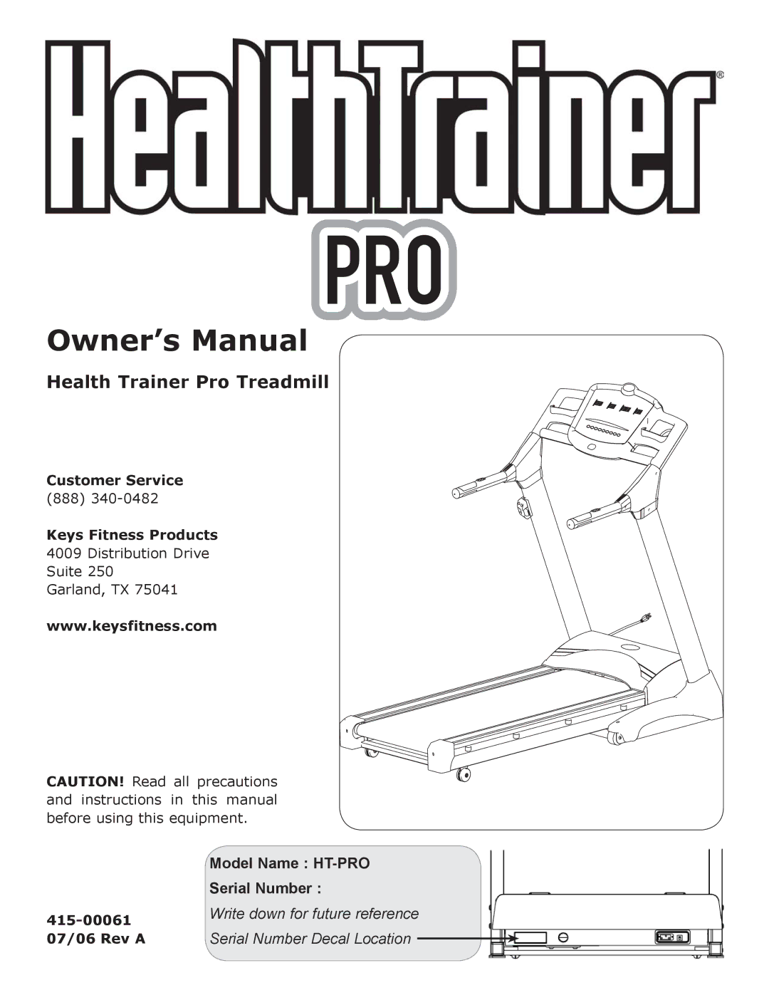 Keys Fitness HT-PRO owner manual Health Trainer Pro Treadmill 