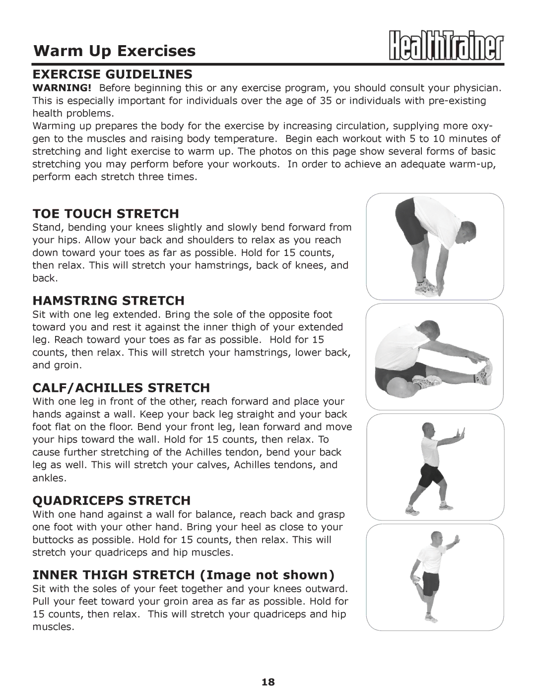 Keys Fitness HT-PRO owner manual Warm Up Exercises, Exercise Guidelines 