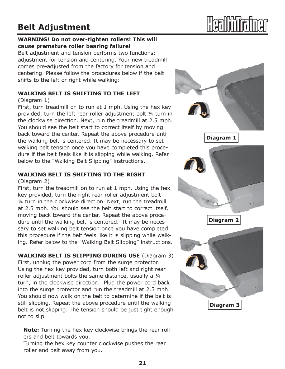 Keys Fitness HT-PRO owner manual Belt Adjustment, Walking Belt is Shifting to the Left Diagram 