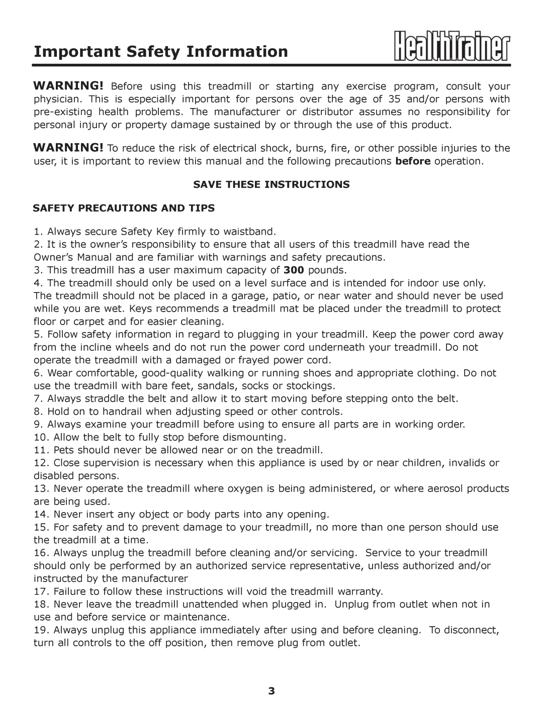 Keys Fitness HT-PRO owner manual Important Safety Information, Safety Precautions and Tips 