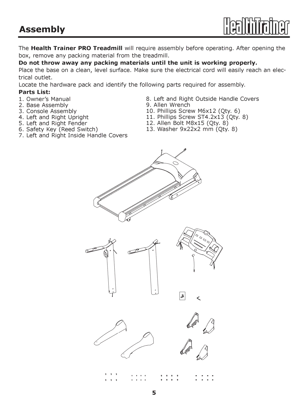 Keys Fitness HT-PRO owner manual Assembly, Parts List 