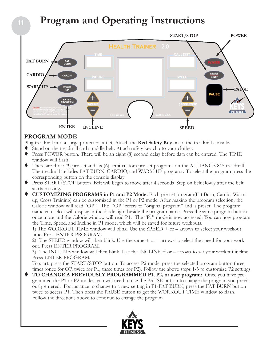 Keys Fitness HT2-0 owner manual Program Mode 