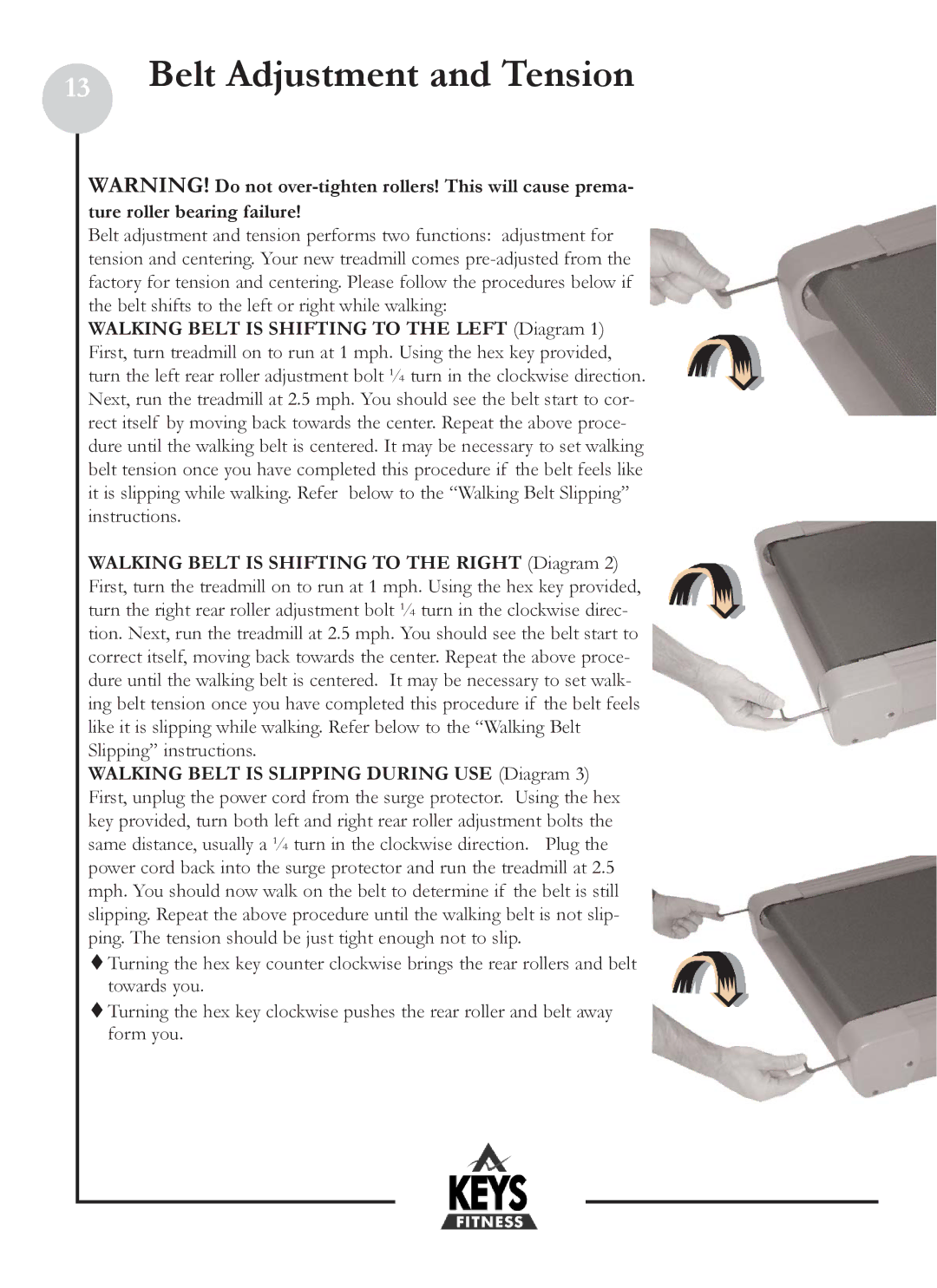 Keys Fitness HT2-0 owner manual Belt Adjustment and Tension 