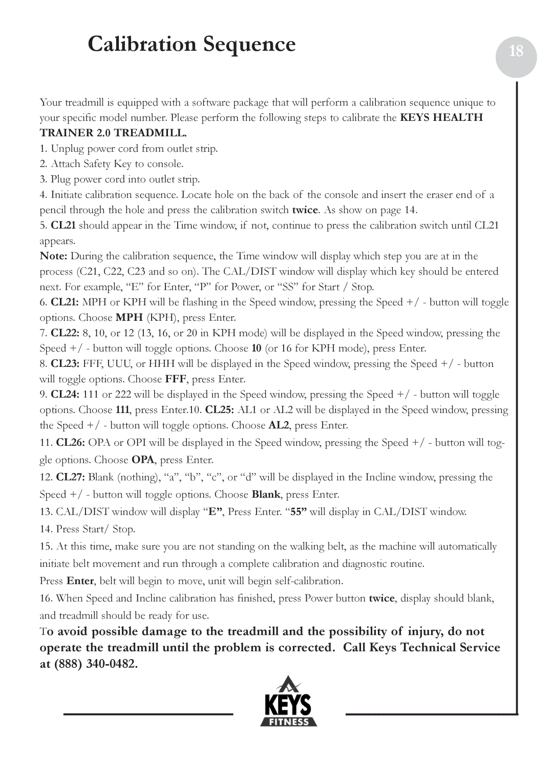 Keys Fitness HT2-0 owner manual Calibration Sequence, Trainer 2.0 Treadmill 