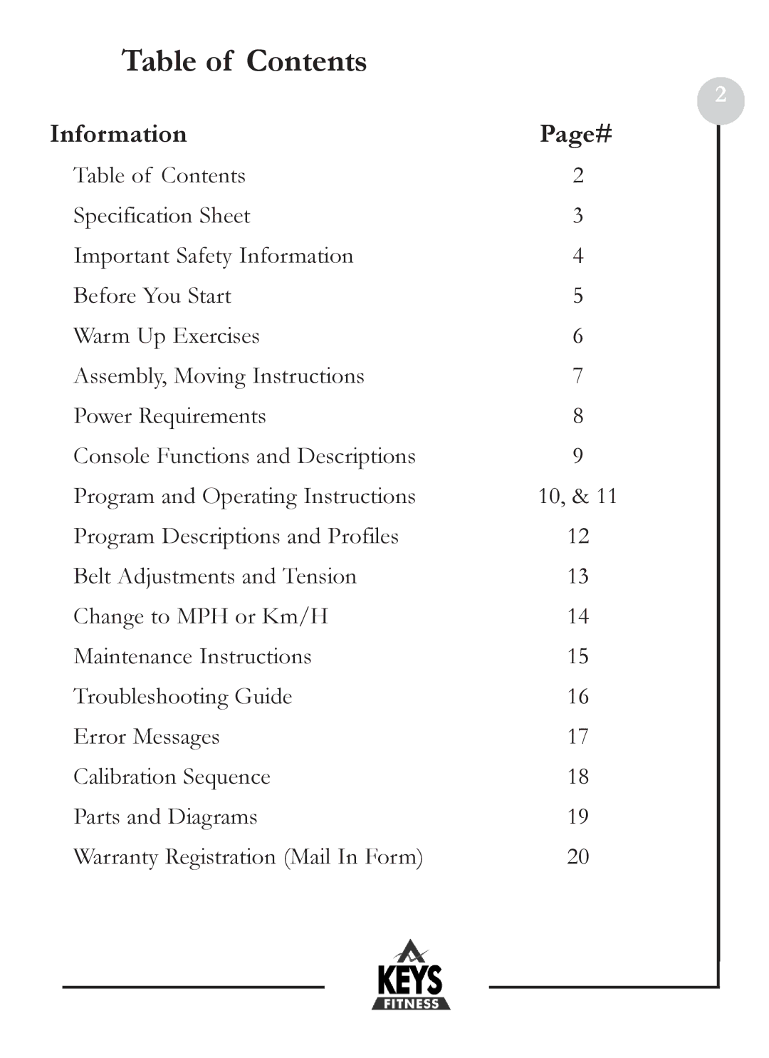 Keys Fitness HT2-0 owner manual Table of Contents 