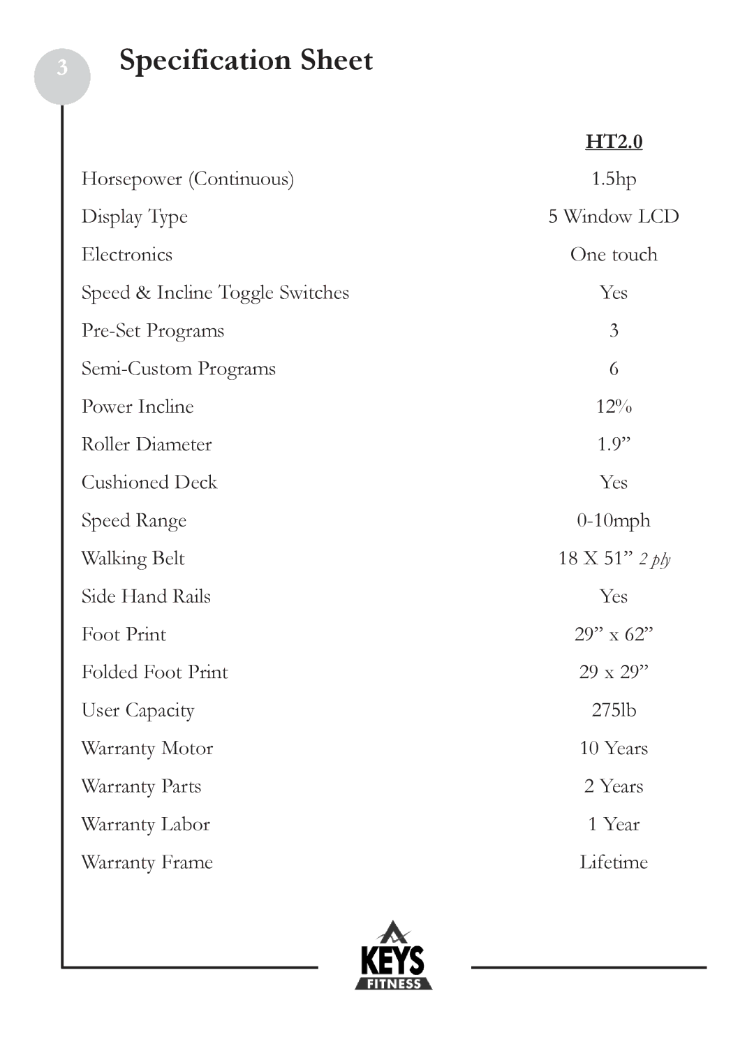 Keys Fitness HT2-0 owner manual Specification Sheet, HT2.0 