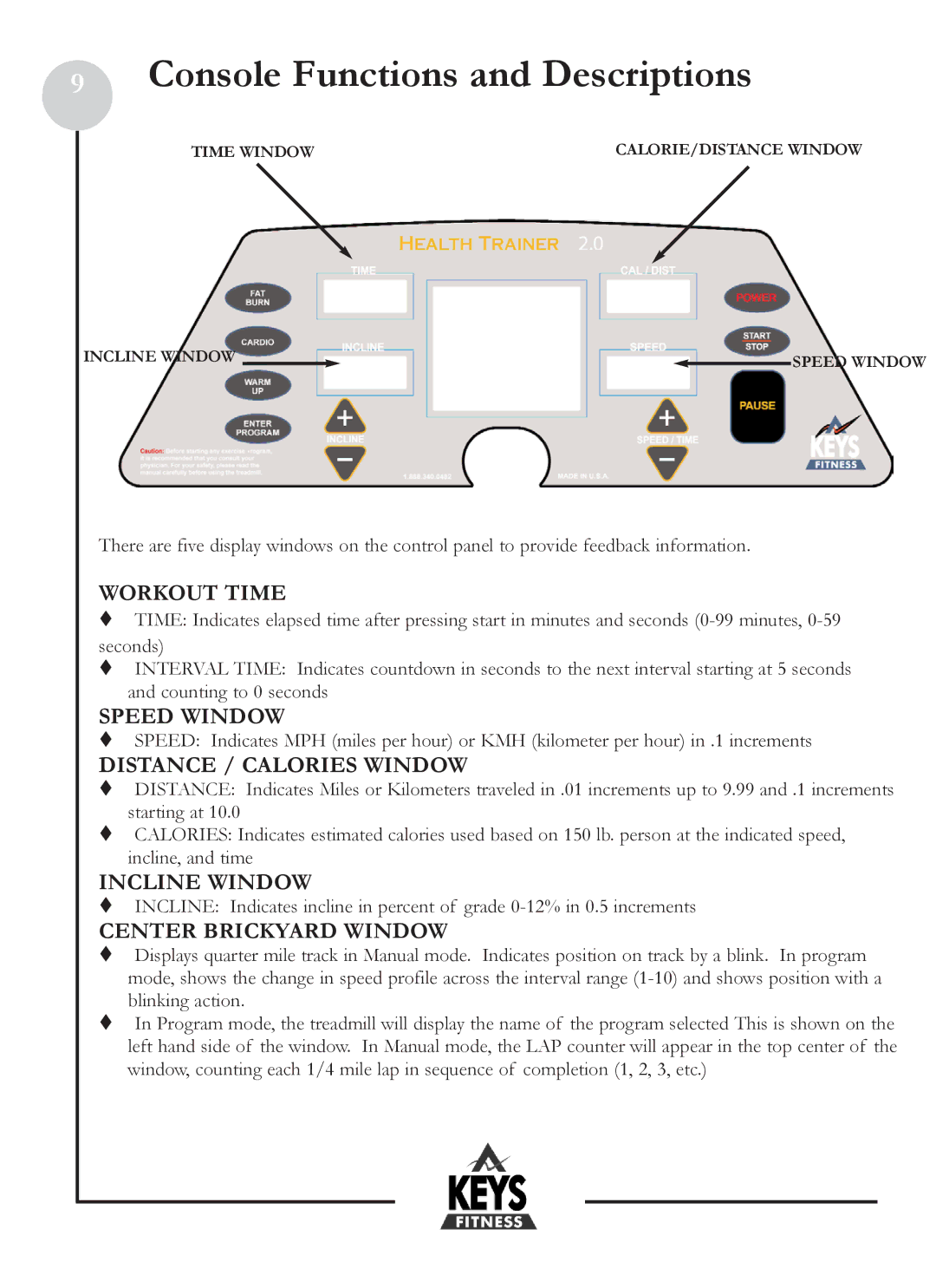 Keys Fitness HT2-0 owner manual Console Functions and Descriptions 