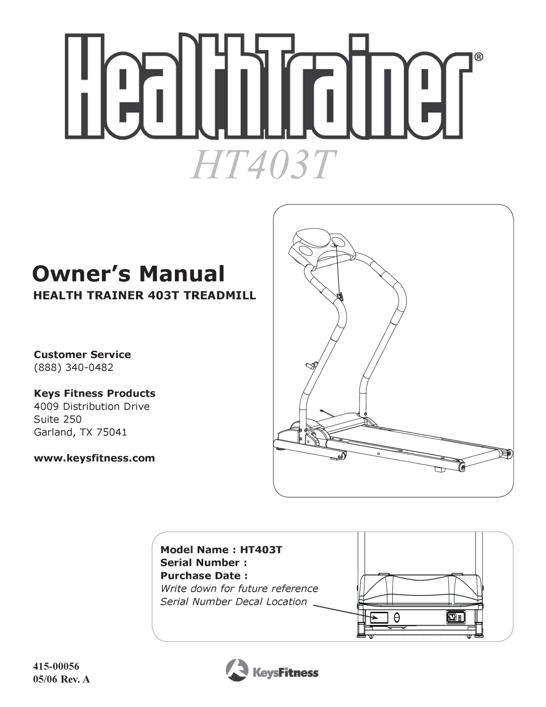 Keys Fitness HT403T owner manual Health Trainer 403T Treadmill 