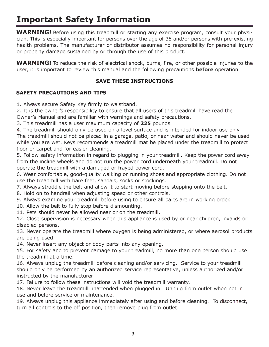 Keys Fitness HT403T owner manual Important Safety Information, Safety Precautions and Tips 