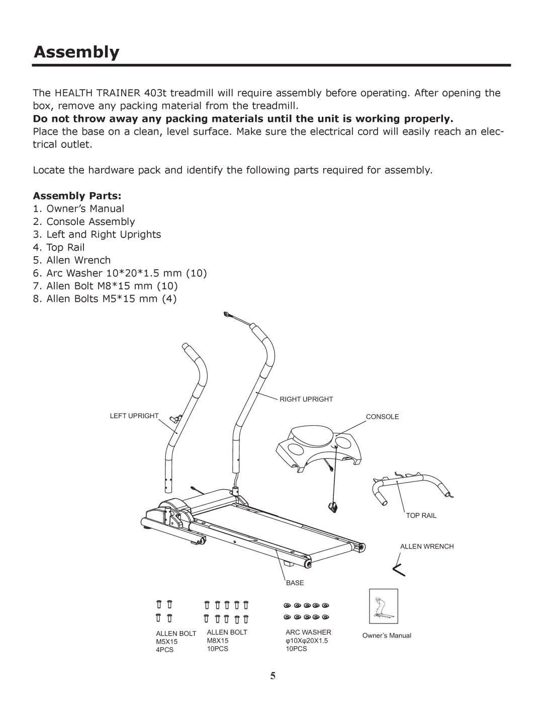 Keys Fitness HT403T owner manual Assembly Parts 