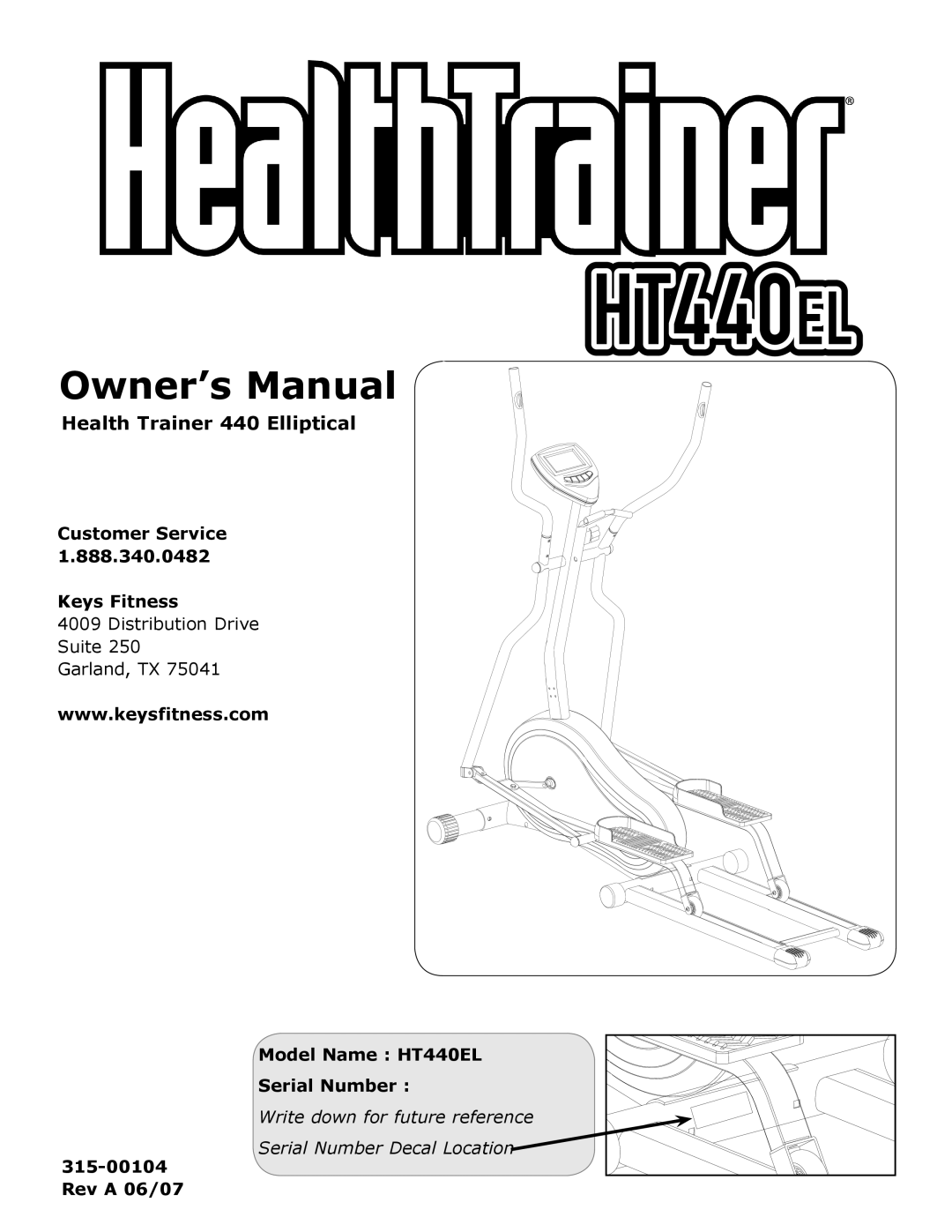 Keys Fitness HT440EL owner manual Health Trainer 440 Elliptical 