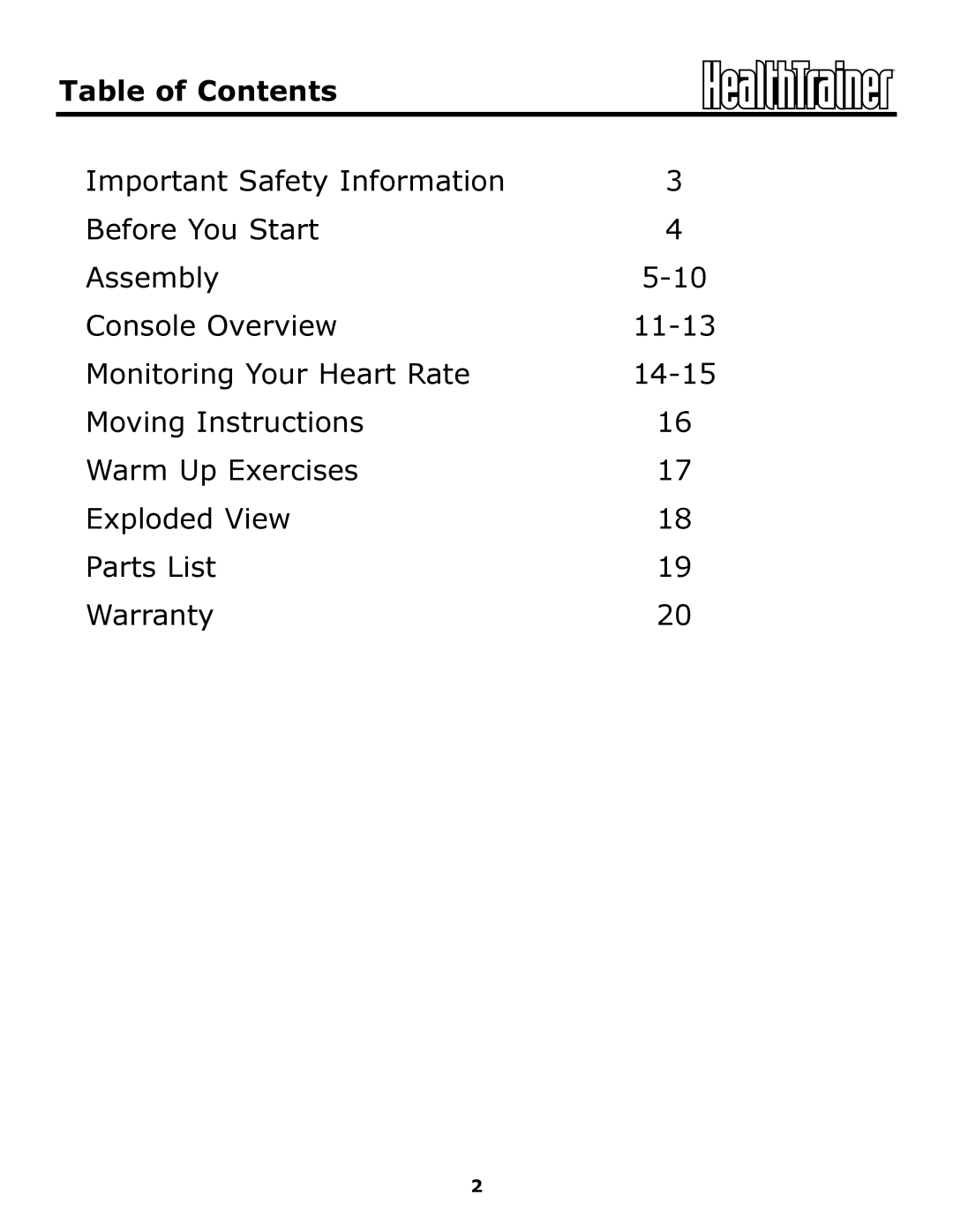 Keys Fitness HT440EL owner manual Table of Contents 