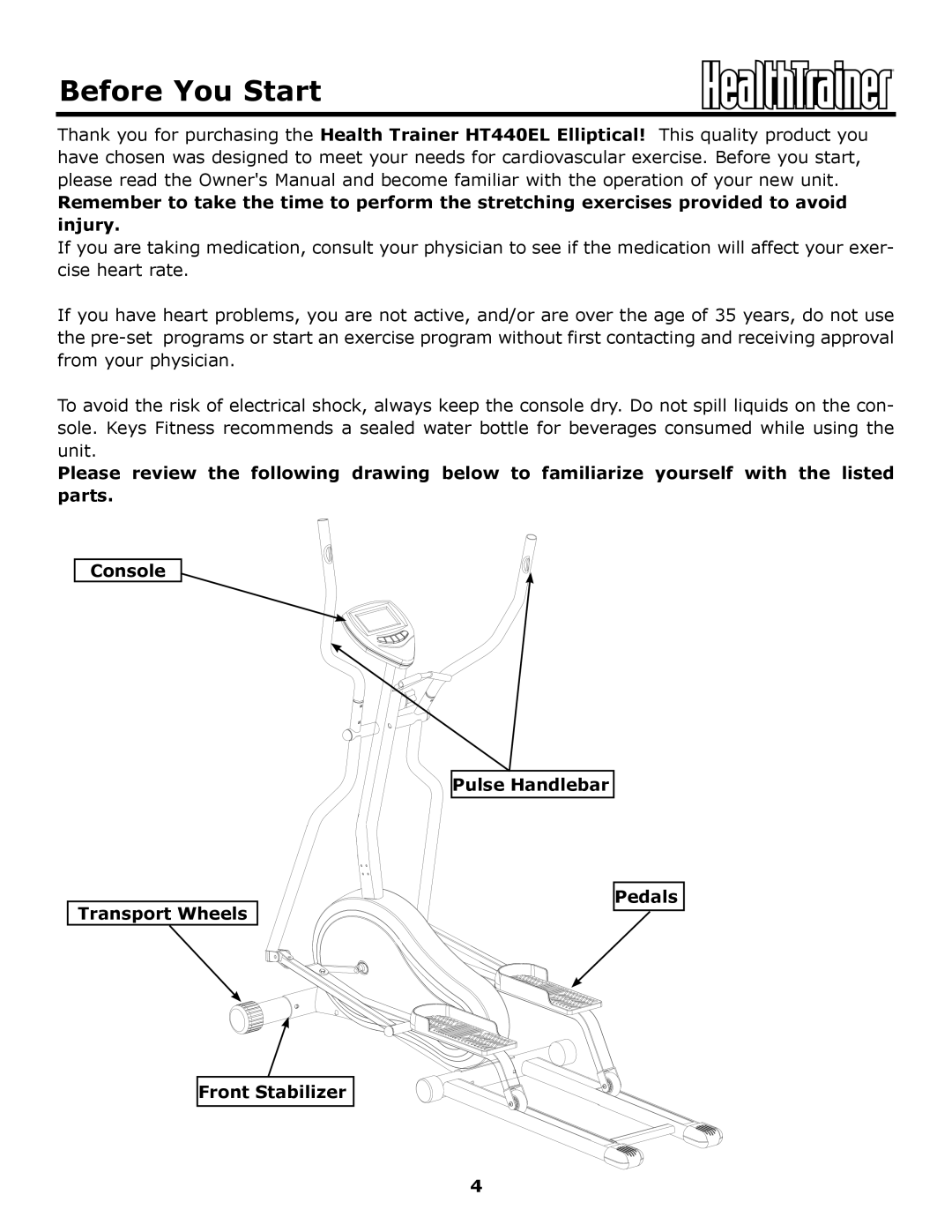 Keys Fitness HT440EL owner manual Before You Start 