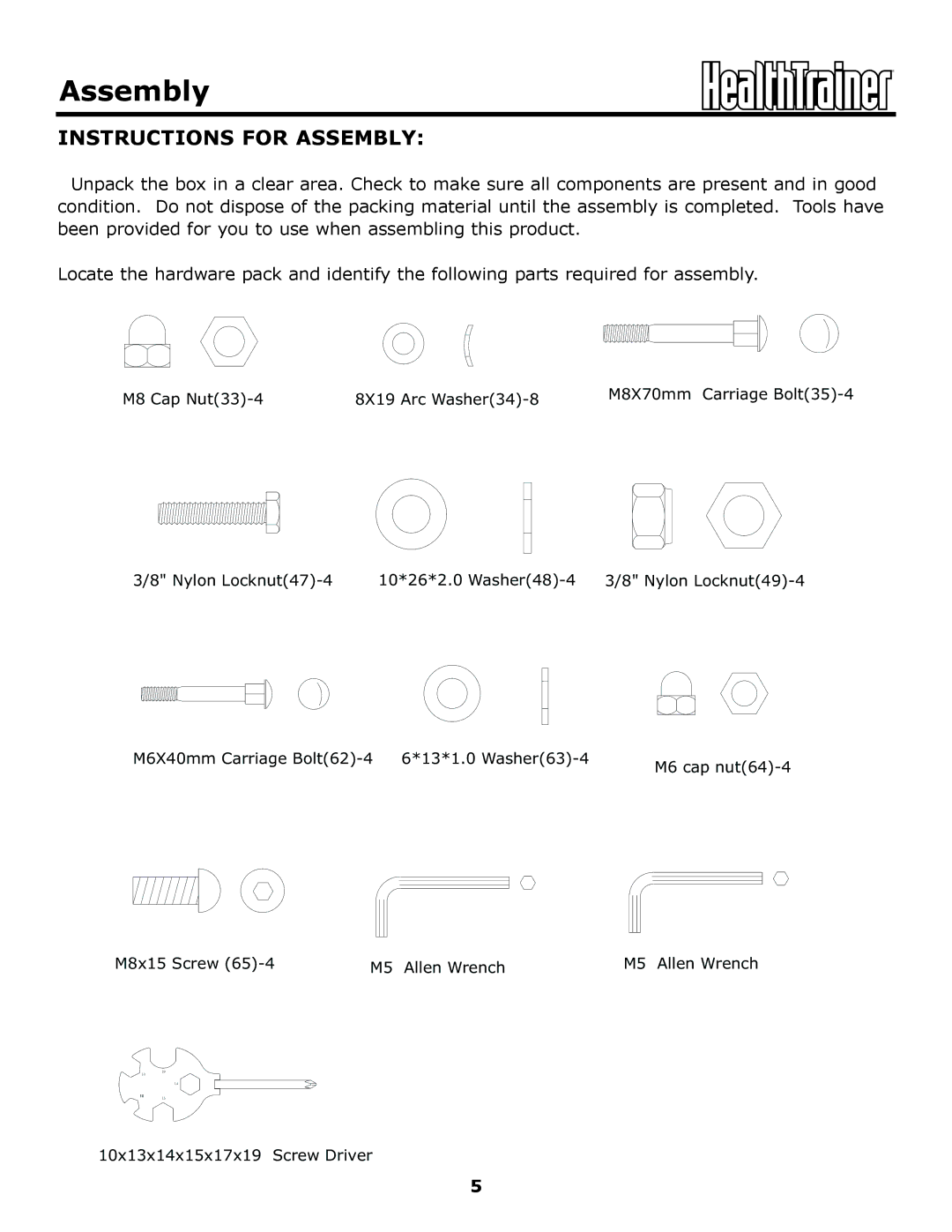 Keys Fitness HT440EL owner manual Instructions for Assembly 